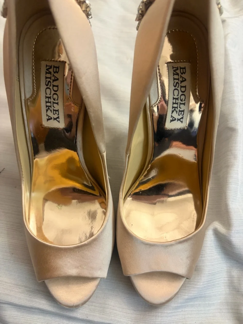 Badgley Mischka Kiara Embellished Peep-toe Pump Wedding Heel in Latte